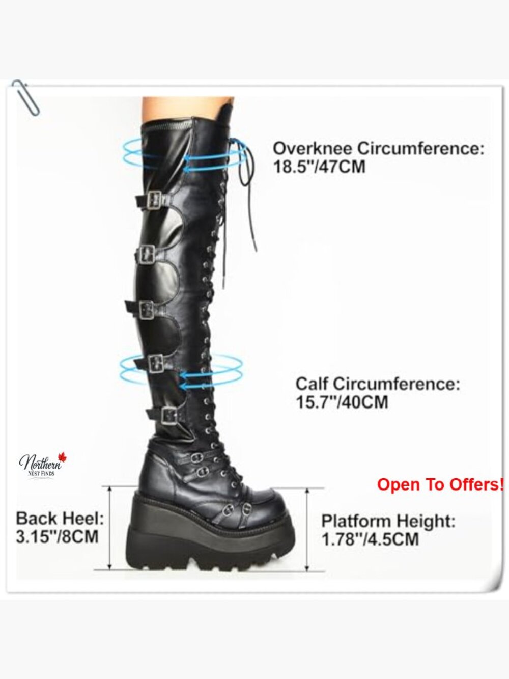 Faux Leather Over Knee Platform Boots with Buckles Side Zip Chunky Heel - Picture 5 of 7